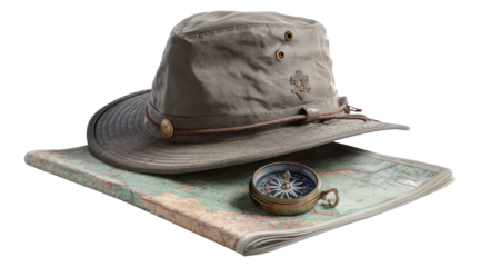 Adventure Gear Including Map, Compass, and Explorer's Hat on White Background
