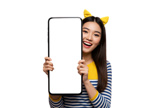Young woman with cat ears holding a blank sign isolated on transparent background