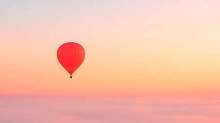 Obraz premium Lone red hot air balloon ascends through soft sunset sky