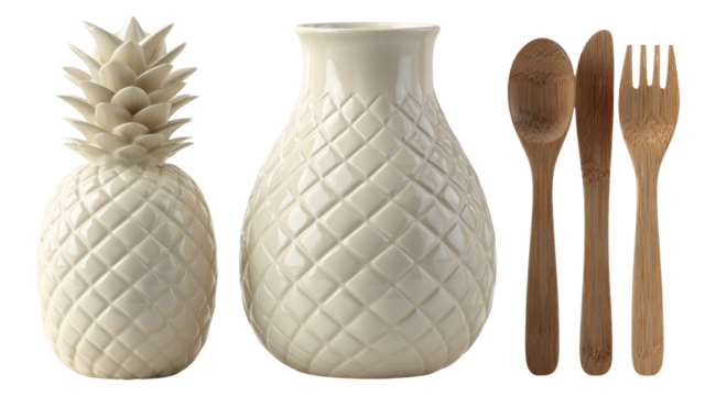 Elegant Ceramic Pineapple and Vase with Wooden Utensils on White Background