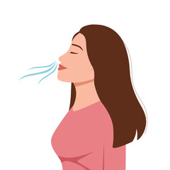Mental health concept with pretty young woman. Young girl doing breathing exercise. care. Awareness, mindfulness and meditation. Flat vector illustration isolated on white background