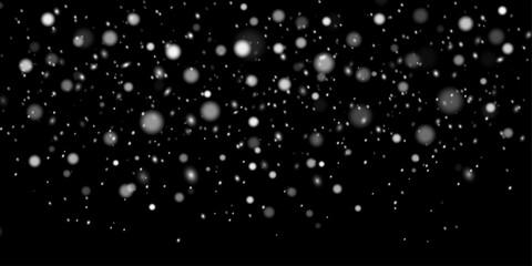 Fototapeta premium Snowfall on a dark background with blurred snowflakes swirling in the air. Winter storm and night snow effect. Vector.
