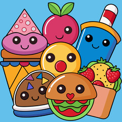 A cheerful assortment of cute cartoon food items including a burger ice cream taco and drink on a blue background