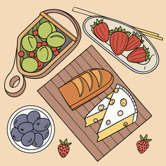 A delightful assortment of fresh strawberries olives cheese and bread arranged for a picnic or snack