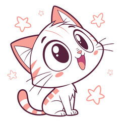 Adorable cartoon kitten with big eyes and pink stripes sitting among stars