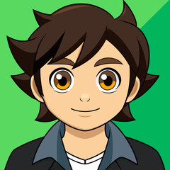 Anime style portrait of a young boy with brown hair and bright eyes wearing a jacket against a green background