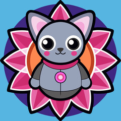 Cute cartoon grey robot cat with big eyes and pink collar sits in a colorful geometric mandala pattern