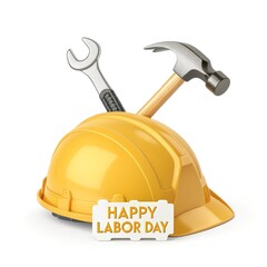 Labor Day hard hat with wrench and hammer crossed, realistic 3D isolated PNG on white background