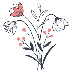 Delicate floral arrangement with coral pink berries and outlined flowers on a white background