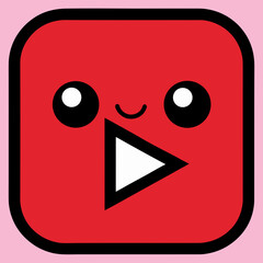 Cute kawaii youtube play button icon with happy face and play symbol on pink background