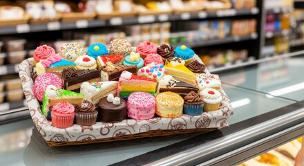 Delectable assortment of diverse cakes and cupcakes presented at bakery shelf