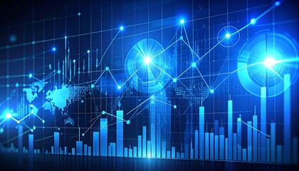 Abstract glowing big data forex candlestick chart on blurry city backdrop. Trade, technology, investment and analysis concept