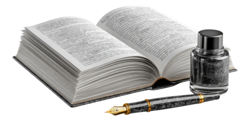Open Book, Ink Bottle, and Fountain Pen on Isolated Transparent Background