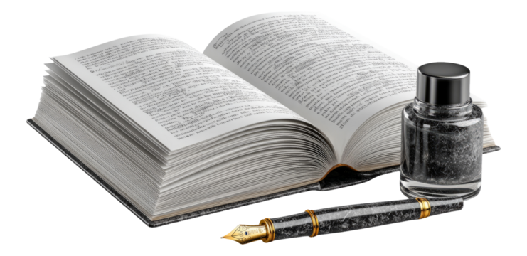 Open Book, Ink Bottle, and Fountain Pen on Isolated Transparent Background