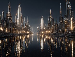 Futuristic Cityscape At Night With Reflections