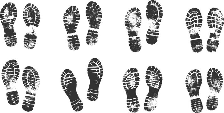 Set silhouettes of boot print isolated on transparent background. Vector graphics