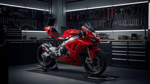 A powerful red sport motorcycle on a stand in a modern, well-equipped workshop with tools in the background, representing motorsports, mechanics, and a passion for high-speed machines