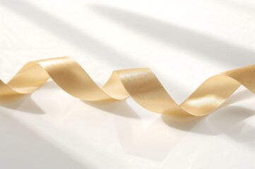 A golden ribbon gracefully curves across a white surface with soft shadows creating a minimalist aesthetic
