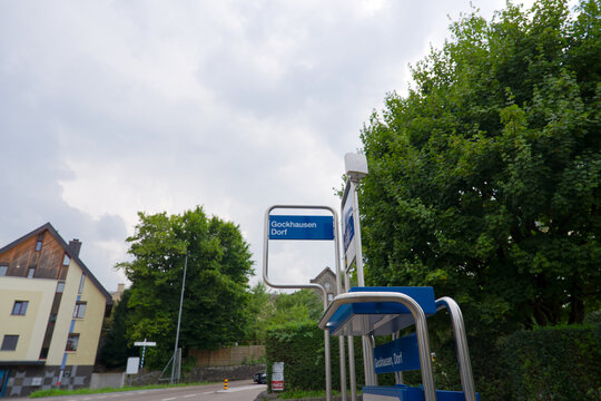 Bus station named Gockhausen Dorf at Swiss village of Switzerland on a Summer evening. Photo taken August 16th, 2025, Zurich Gockhausen, Switzerland.