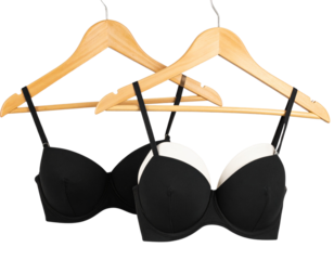  “Black and White Wireless Bra Mockup on Wooden Hanger, isolated on transparent background”.