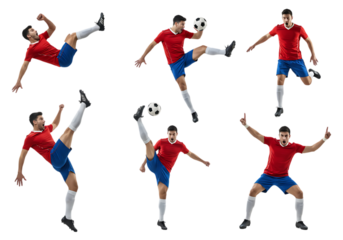 Soccer player performing various kicking actions isolated on transparent background
