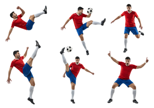 Soccer player performing various kicking actions isolated on transparent background