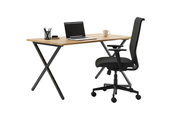 Modern office desk and chair with laptop isolated on transparent background