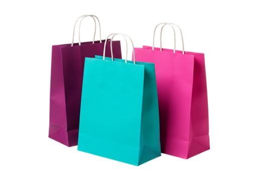 Three colorful paper shopping bags isolated on transparent background