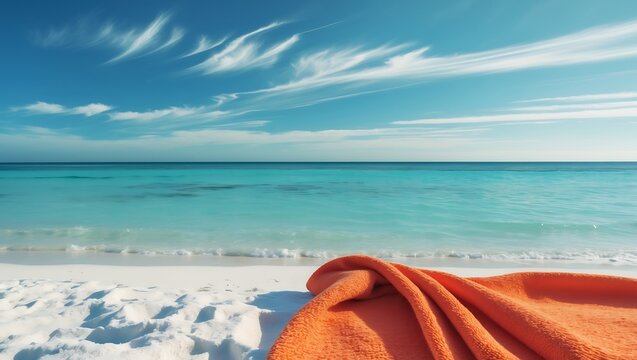 Bright orange towel on pristine white sand beach beside turquoise ocean waters