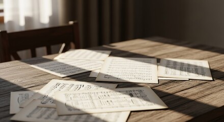 Music sheets scattered on a wooden table, sunlight streaming in
