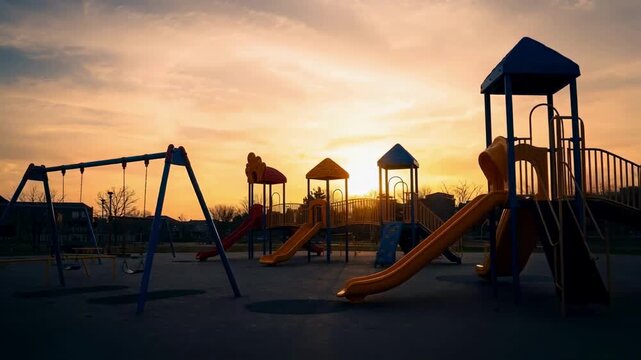Silhouette of an empty children's playground at a beautiful golden sunset, a scene evoking feelings of nostalgia, memories of a lost childhood and the quiet passage of time