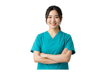 Smiling young asian woman nurse in teal scrubs isolated on transparent background