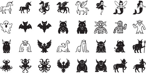 Naklejka premium Mythical Creatures Icons Set – Unicorn, Dragon, Pegasus, Mermaid, Ghost, Vampire, Werewolf, Kraken, Medusa, Minotaur, and Fantasy Monsters Vector Illustration