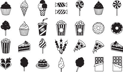 Sweet Treats and Dessert Icons Set – Cupcakes, Ice Cream, Donuts, Popcorn, Cake, Candy, Pizza, and Chocolate Vector Illustration