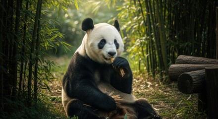 Obraz premium Panda eating bamboo in a bamboo forest. Sunlight filters through the trees