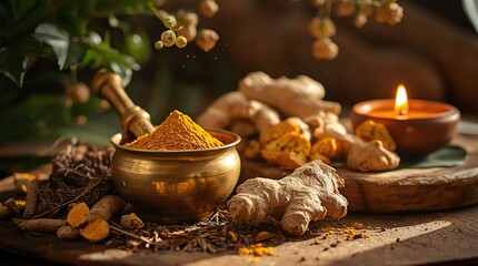 Serene Ayurvedic still life with brass bowl of herbal powders, fresh turmeric, ginger, mortar and pestle, dried herbs, clay lamp, earthy warm tones, golden sunlight, natural holistic healing scene.