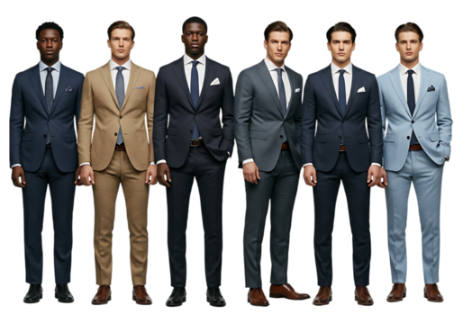 Six men in stylish suits isolated on transparent background