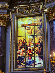 Stained glass window of the Crucifixion of Jesus Christ in Berlin Cathedral.