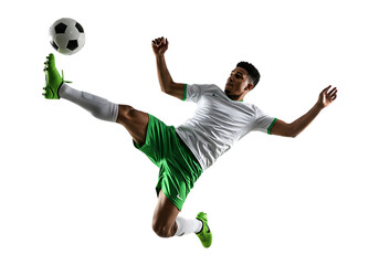 Soccer player kicking ball in mid air isolated on transparent background