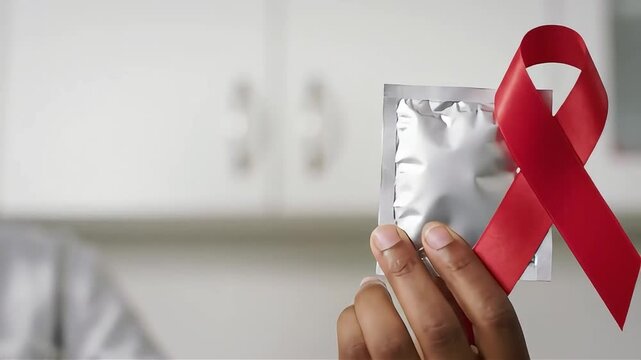 Hands Holding Condom Packets and Red Ribbon Symbolizing AIDS Awareness
