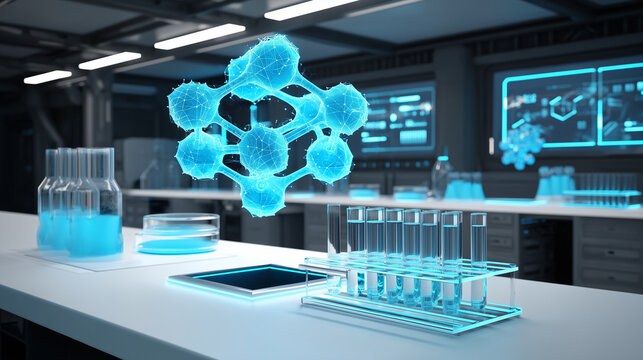 High tech lab setup with digital hologram molecules