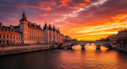 Fototapeta premium Parisian sunset over the Seine. A historical building, likely the Conciergerie, sits beside the river Seine, under a dramatic fiery orange sunset sky