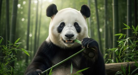 Obraz premium Panda eating bamboo in bamboo forest
