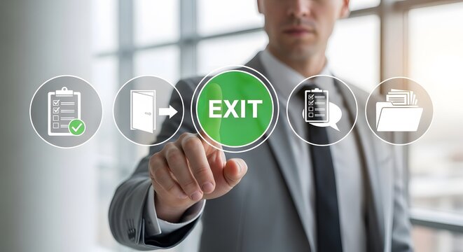 Confident businessman selects EXIT option on interactive screen, signaling completion and progress with process icons in modern office setting
