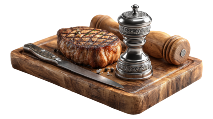 Delicious Grilled Steak on Wooden Cutting Board with Knife and Pepper Grinder