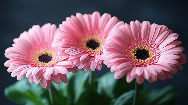 Three Pink Gerbera Blooms Macro Detail, Dark Velvet Background Botanical Art