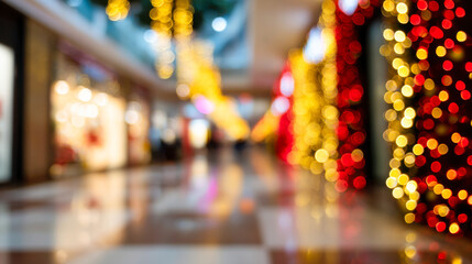 Holiday lights and decorations create a festive atmosphere in shopping mall interior