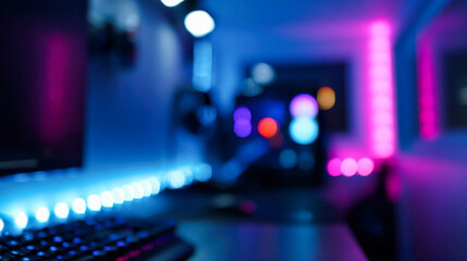 Blurry neon-lit gaming room showcases vibrant colors and modern technology in dynamic setup
