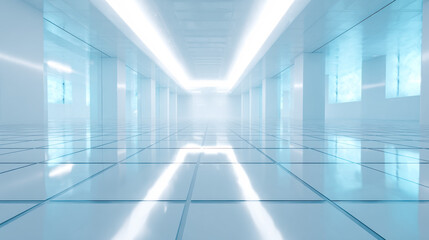 Bright white grid room with soft pastel blue accents creates a serene and modern atmosphere