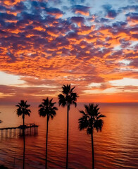 Fototapeta premium Vibrant Sunset Over Ocean with Palm Silhouettes